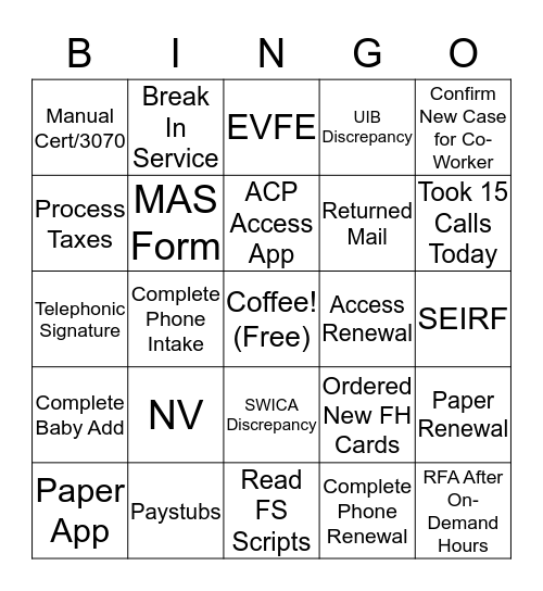 Economic Support BINGO Card