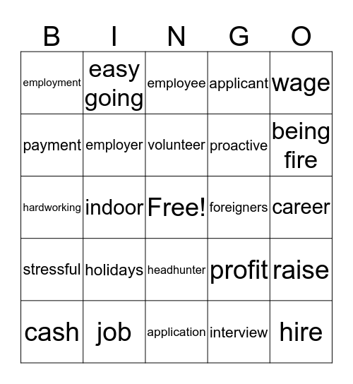 Work Vocabulary Bingo Card