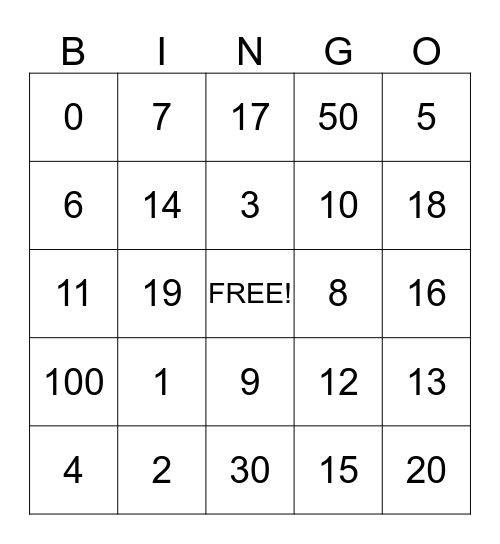 Number Bingo Card