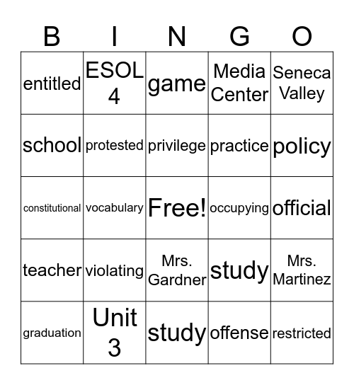 Vocabulary List- Unit 3 Reading 2 Bingo Card