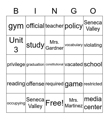 Vocabulary List -Unit 3 Reading 2 Bingo Card