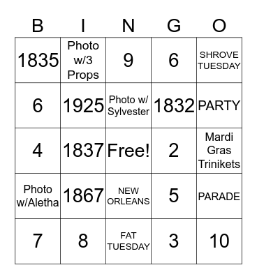MARDI GRAS Bingo Card