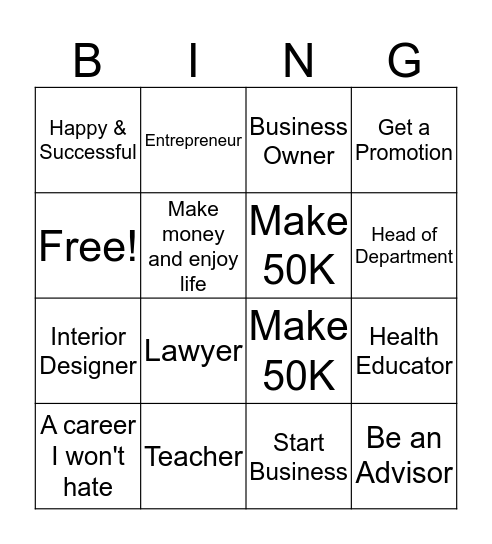 Career Goals Bingo  Bingo Card