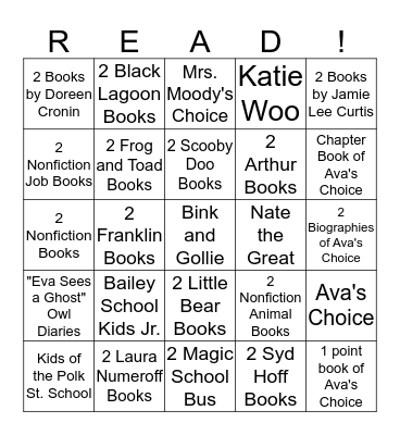 Ava's Reading BINGO Card