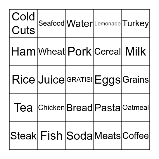 Carnes, Granos, Bebidas Bingo Card