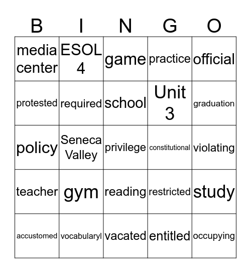 Vocabulary List- Unit 3 Reading 2 Bingo Card