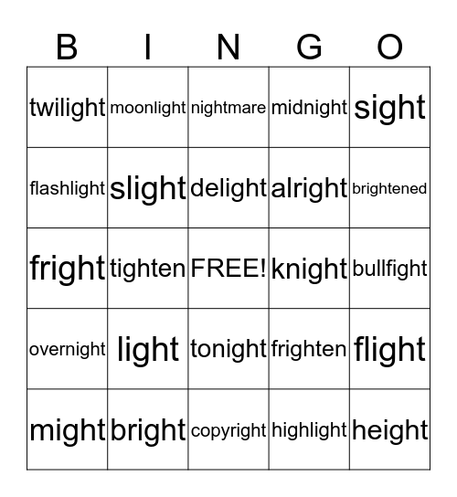 IGHT Words Bingo Card