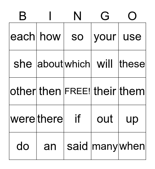 Most Common Words  5/6 Bingo Card