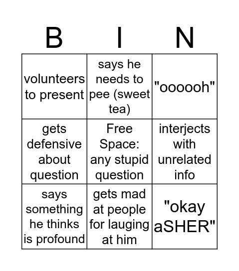 Stuff Jack says and does in Religions Bingo Card