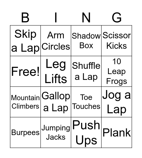 Fitness Bingo Card