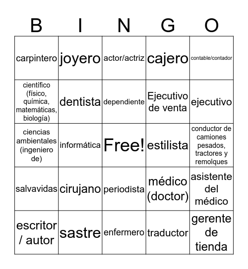 las profesiones Bingo Card