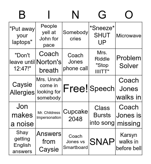 Sophmore Bingo Card