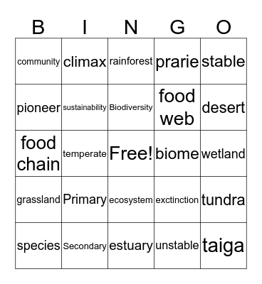 Succession and Biodiversity Bingo Card