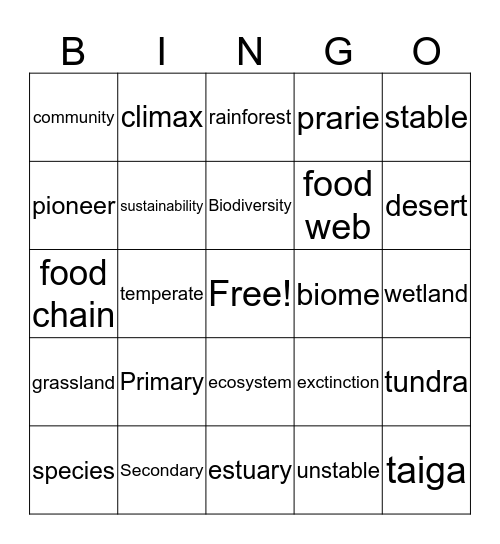 Succession and Biodiversity Bingo Card