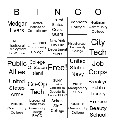 College Career Fair Bingo Card