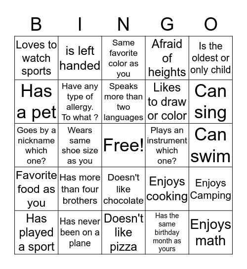 Bingo Ice Breaker Bingo Card