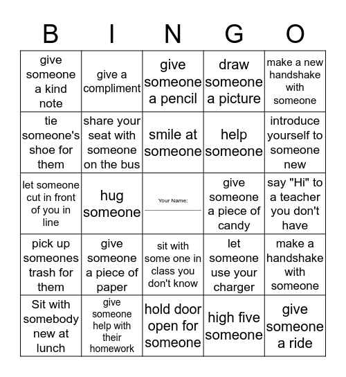 F.O.R Club Kindness Bingo Card