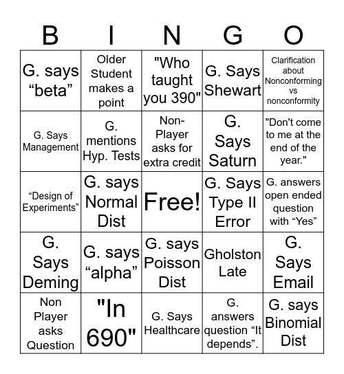 ISE 423 Bingo Card