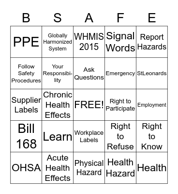 Health and Safety Awareness Bingo Card