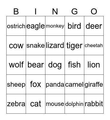 animal Bingo Card