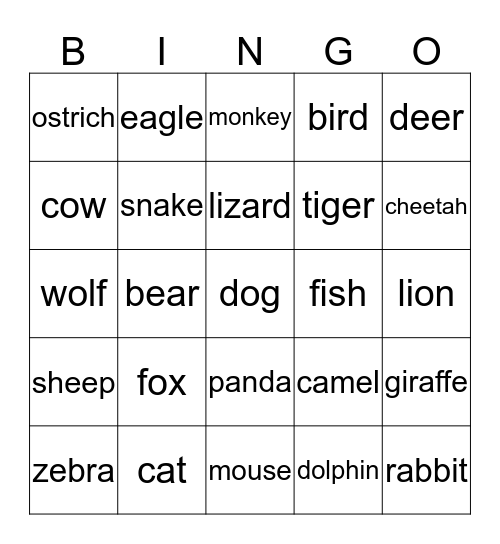 animal Bingo Card