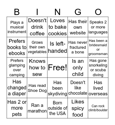 GETTING TO KNOW YOU BINGO Card