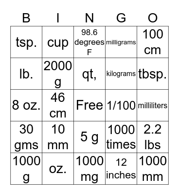 Medical Math Bingo Card