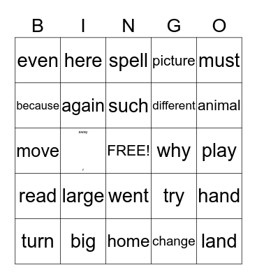 Most Common Words  15/16 Bingo Card