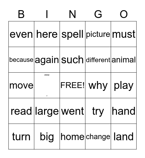Most Common Words  15/16 Bingo Card