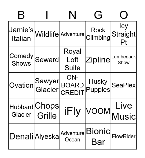 ROYAL CARIBBEAN ALASKA BINGO Card