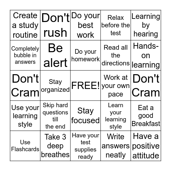 Study Skills  Bingo Card