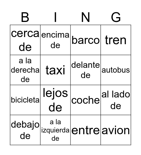 Vocabulario Bingo Card