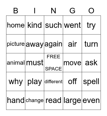 Most Common Words 15/16 Bingo Card