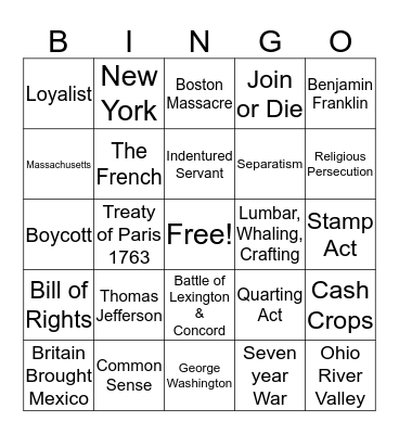 American Revolution Bingo  Bingo Card