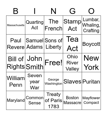 American Revolution Bingo  Bingo Card