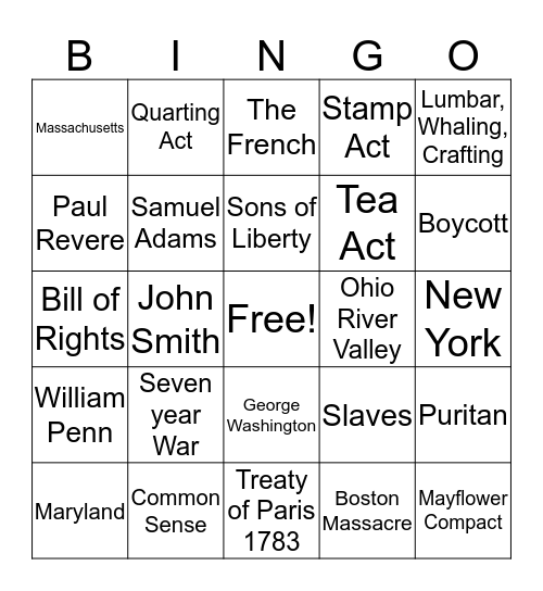 American Revolution Bingo  Bingo Card