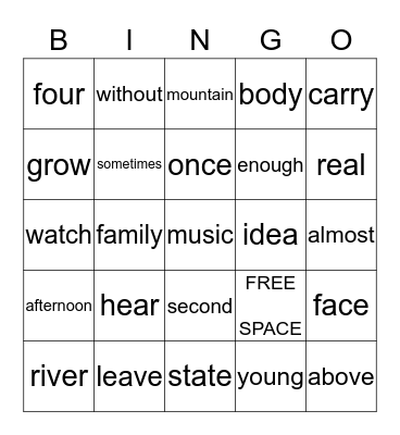 Most Common Words 21/22 Bingo Card