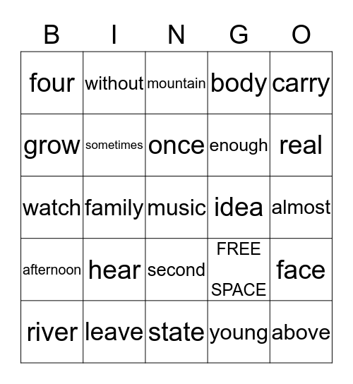 Most Common Words 21/22 Bingo Card