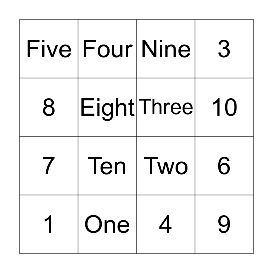 Number words Bingo Card