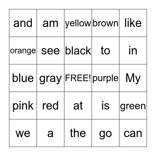 Sight Word Bingo Card