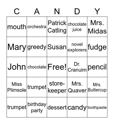 The Chocolate Touch Bingo Card