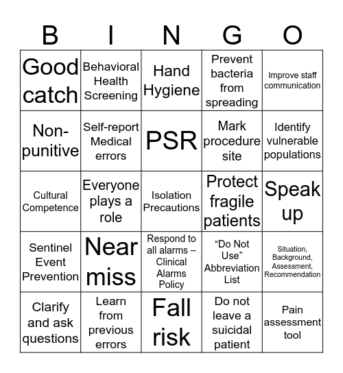 Patient Safety First! Bingo Card