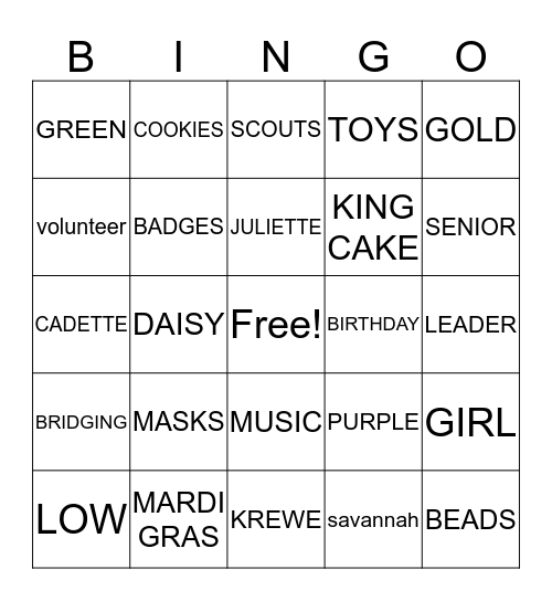 GIRL SCOUT MARDI GRAS Bingo Card