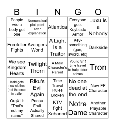 Kingdom Hearts 3 Bingo Card