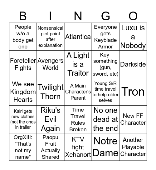 Kingdom Hearts 3 Bingo Card