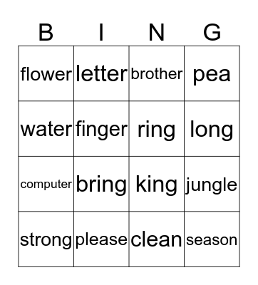 Review /er/, /ng/,/ea/ sound Bingo Card