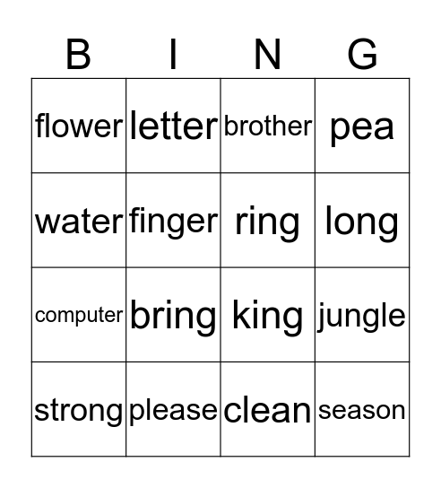 Review /er/, /ng/,/ea/ sound Bingo Card