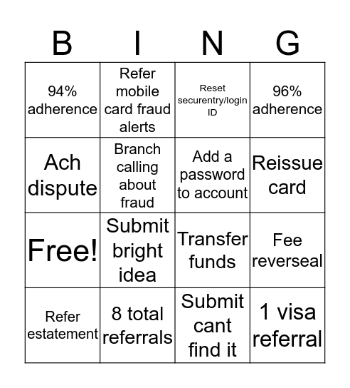 Referral and call type bingo! Bingo Card