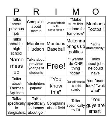 PRIMO! Period 3! Bingo Card