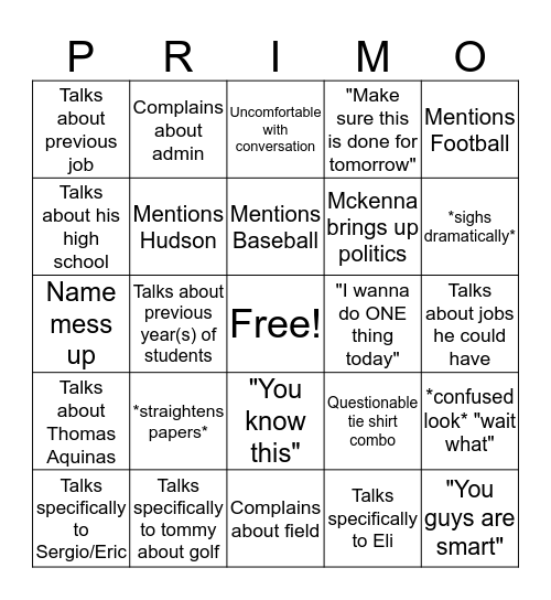 PRIMO! Period 3! Bingo Card